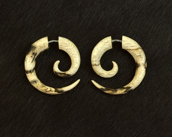 Tamarind Spirals Sm - Fake Gauges, Fake Plugs, Handmade Wood Earrings