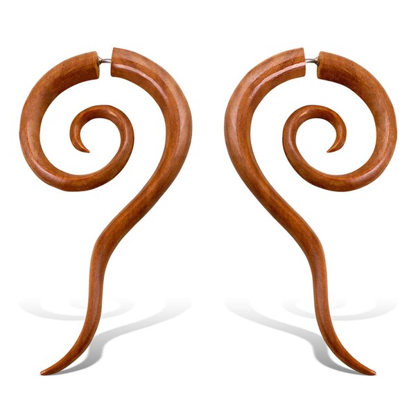 Sahlah Spirals Tan Wood - Fake Gauges, Handmade, Wood Earrings, Cheaters, Organic, Splits