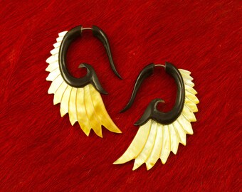 Nava Wings - Med Horn and Shell, Fake Gauges, Gypsy, Fake Plugs, Handmade Horn Earrings