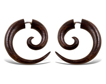 Small Brown Wooden Spirals - Fake Gauges, Hand Carved Wooden Earrings