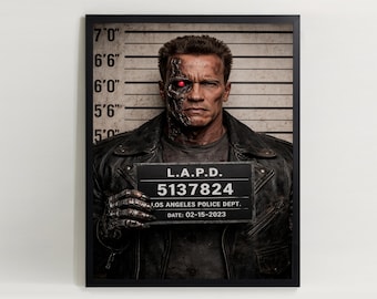 T-800 polismugshot väggkonst Terminator-inspirerad affisch endast digital nedladdning