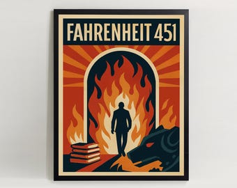 Fahrenheit 451 konsttryck. Affisch/vykort. Retro bokkonst. Endast digital nedladdning.