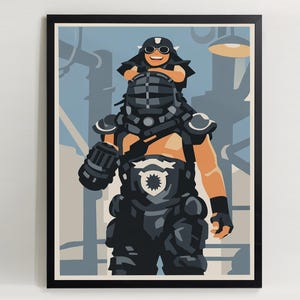 Könnte beinhalten: Gerahmter Kunstdruck mit einer stilisierten Illustration einer Person in futuristischer Rüstung, die eine andere Person auf ihren Schultern trägt. Das Kunstwerk verwendet eine begrenzte Farbpalette aus Schwarz, Grau, Beige und Blau.