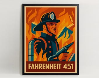 Fahrenheit 451-affisch: Retro brandmansbokkonst (digital nedladdning)