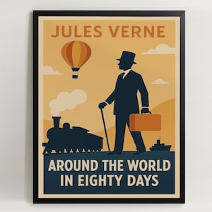 Pôster/cartão postal &quot;A Volta ao Mundo em 80 Dias&quot;, Arte de Parede Vintage de Júlio Verne, Pôster Art Déco Retrô, Presente para Amantes de Livros, Somente Download Digital