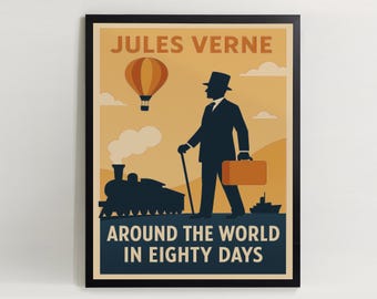 Jules Verne Jorden runt på 80 dagar Art Deco-reseaffisch (digital nedladdning)