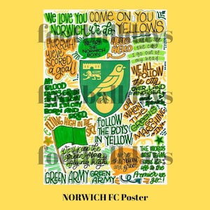 Norwich FC - Chants Poster - Originally Hand Drawn - Football lover gift