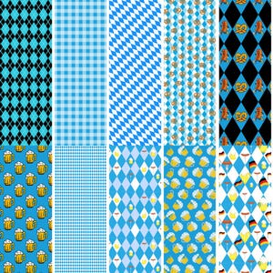 Peut inclure: Une collection de motifs sur le thème de l'Oktoberfest. Les motifs comprennent des motifs en losanges, à carreaux et en losanges bleus et blancs. D'autres motifs présentent des chopes de bière, des bretzels, des saucisses et des drapeaux allemands sur fond bleu.