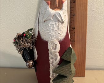 Hand-carved Hand-painted Santa WIth Tree and Sack of Jam Jars