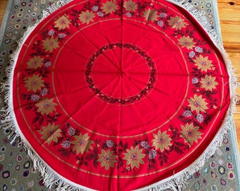 Vibrant Red Vintage Round Fringed Holiday Tablecloth