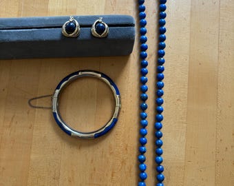Vintage Set of Lapis Lazuli Jewelry Including Beaded Necklace, Bracelet and Earrings