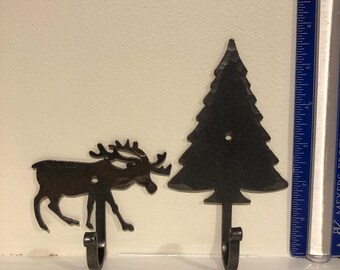 Pair of Vintage Handwrought Metal Christmas Stocking Holders; Moose and Tree