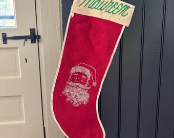 Vintage Felt Christmas Stocking Featuring Glitter Image of Santa for "Maureen"