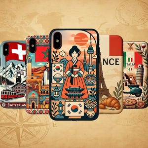 Elegante funda de viaje mundial para iPhone y Samsung: protección prémium con diseños artísticos emblemáticos de Suiza a Colombia.