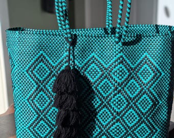 Mexican Market Bag - Teal & Black Tote