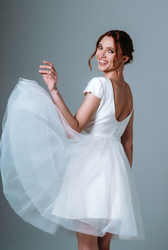 short dress with tulle overlay Short Wedding Dress Tulle Skirt | Mini Bridal Gown Open Back | Short Tulle Wedding Dress Cap Sleeves | Reception Dress Elopement