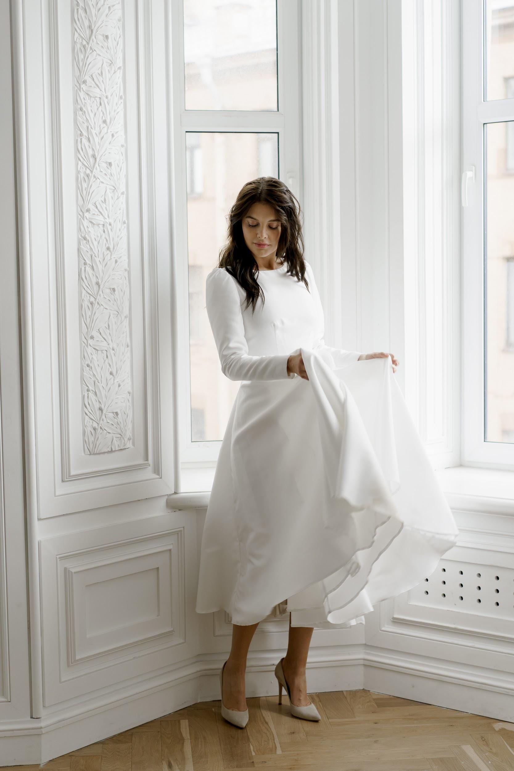 Modest A-Line Wedding Dress: Long Sleeves, Boat Neckline Modest A-Line Wedding Dress: Long Sleeves, Boat Neckline