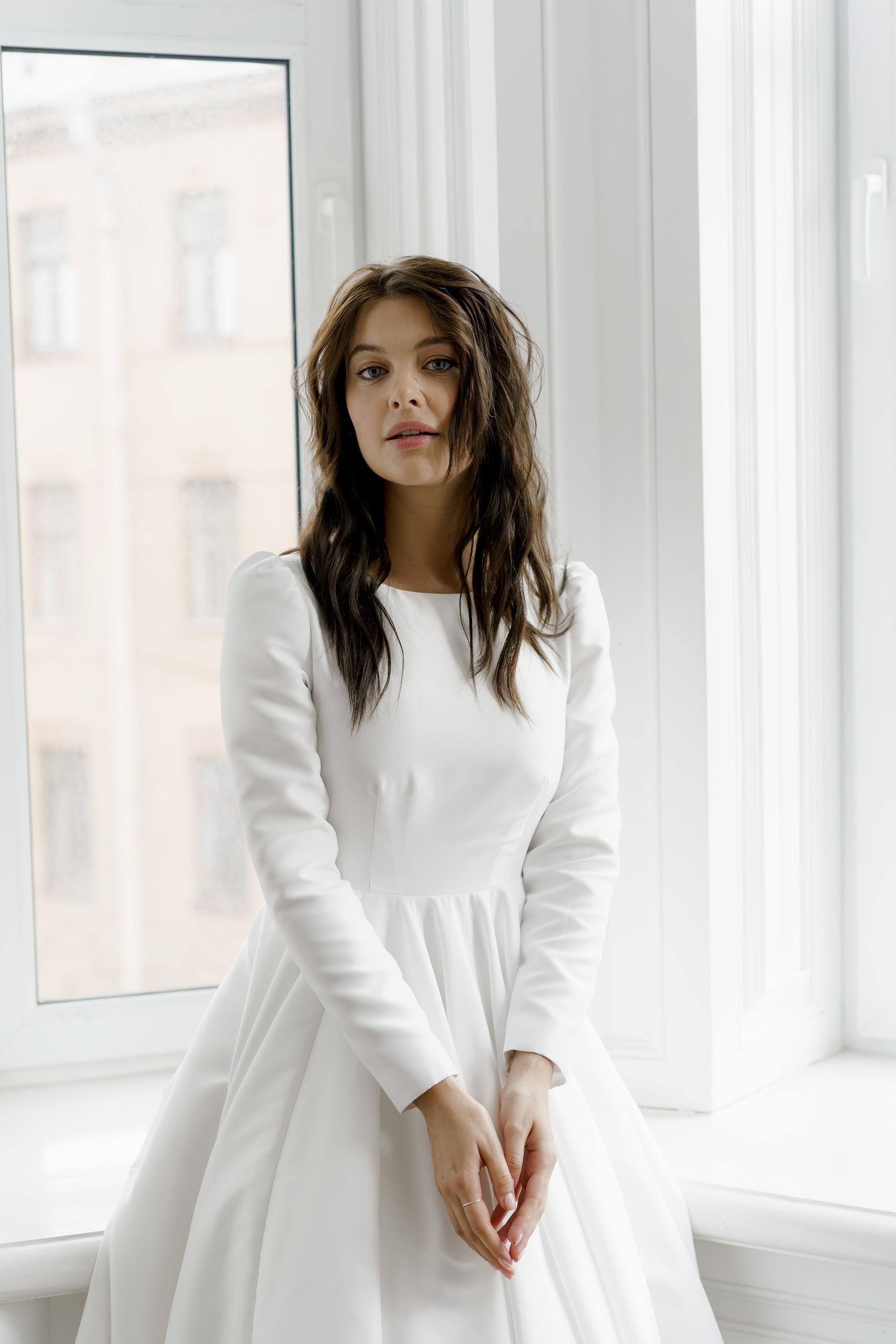 Modest A-Line Wedding Dress: Long Sleeves, Boat Neckline