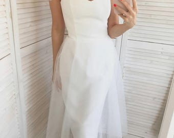 Satin Midi Wedding Dress: Minimalist A-Line Reception Dress with Bows