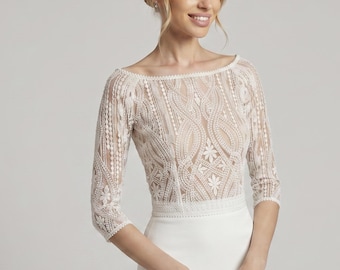 Haut de mariée en dentelle perlée à manches, ensemble deux pièces à col bateau, haut brodé de perles pour la réception, haut de mariage luxueux