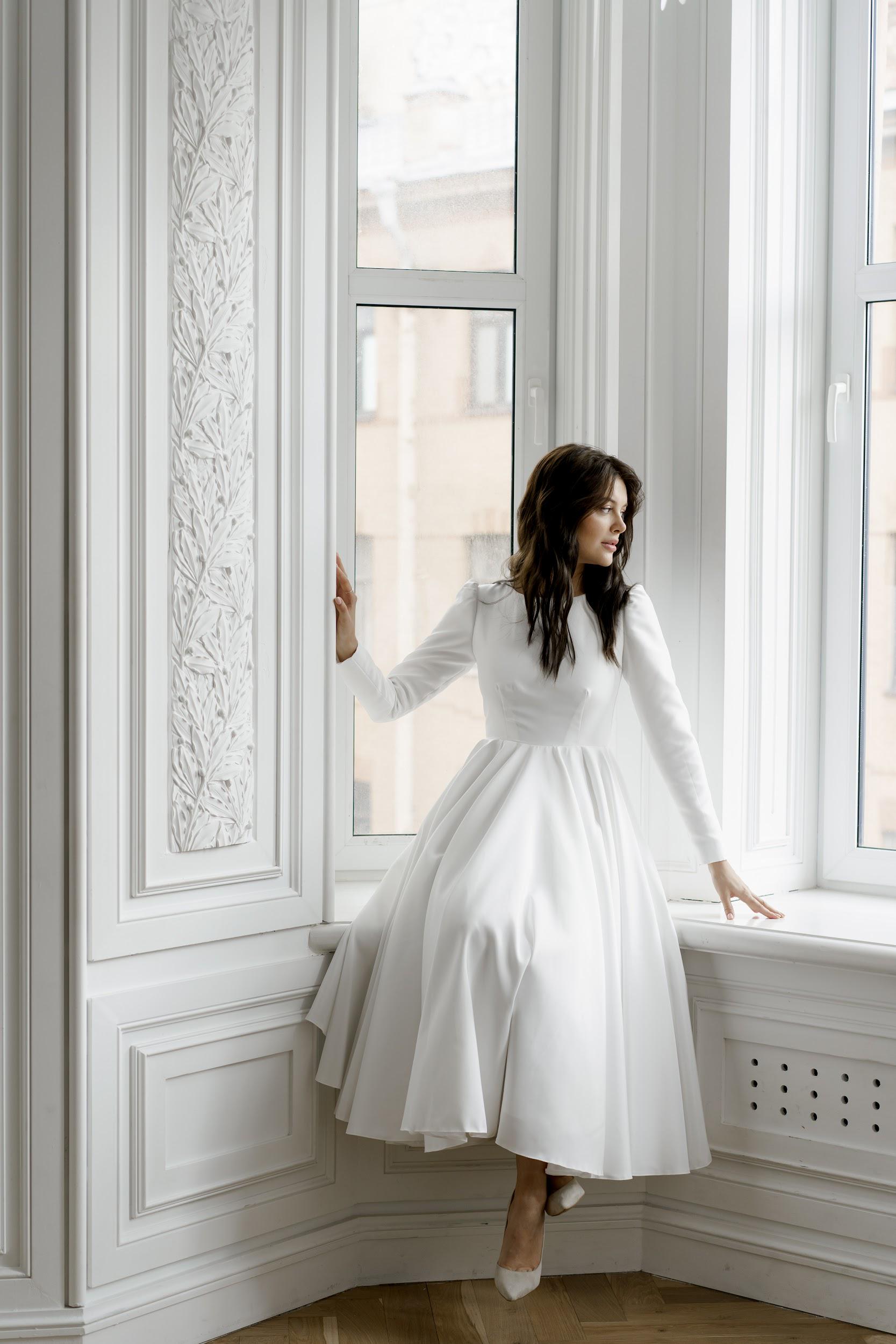 Modest A-Line Wedding Dress: Long Sleeves, Boat Neckline