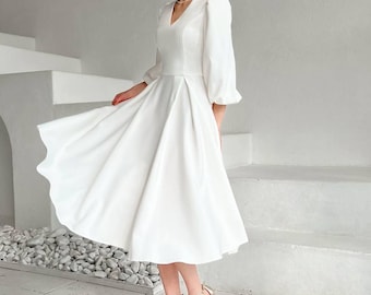 Midi Wedding Dress: Satin Crepe A-Line Reception Dress
