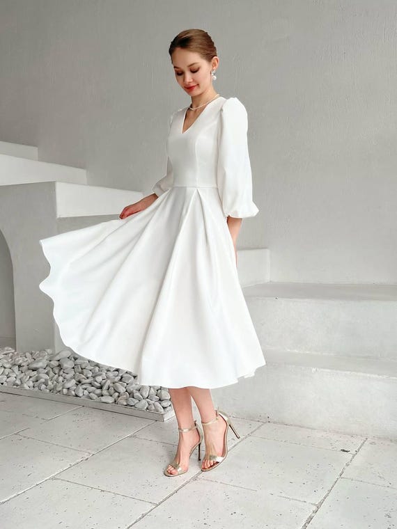 Midi Wedding Dress: Satin Crepe A-Line Reception Dress
