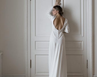 Crepe Mermaid Wedding Dress: Open Back, Long Sleeves