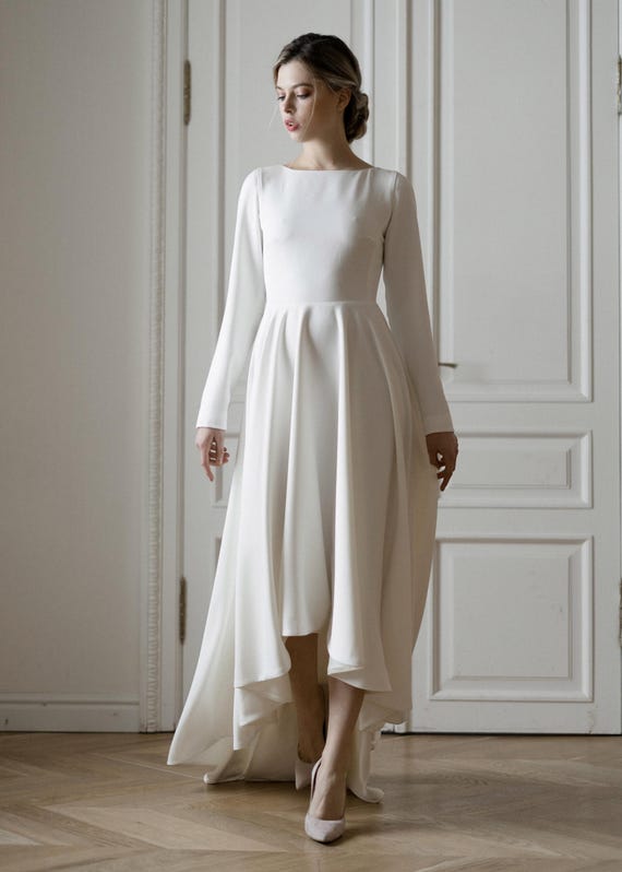Crepe High-Low Wedding Dress: Long Sleeves, Modern Minimalist