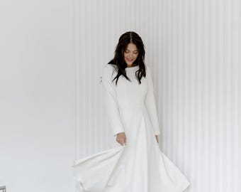 Crepe Wedding Dress: Modest Long Sleeve Civil Reception Dress