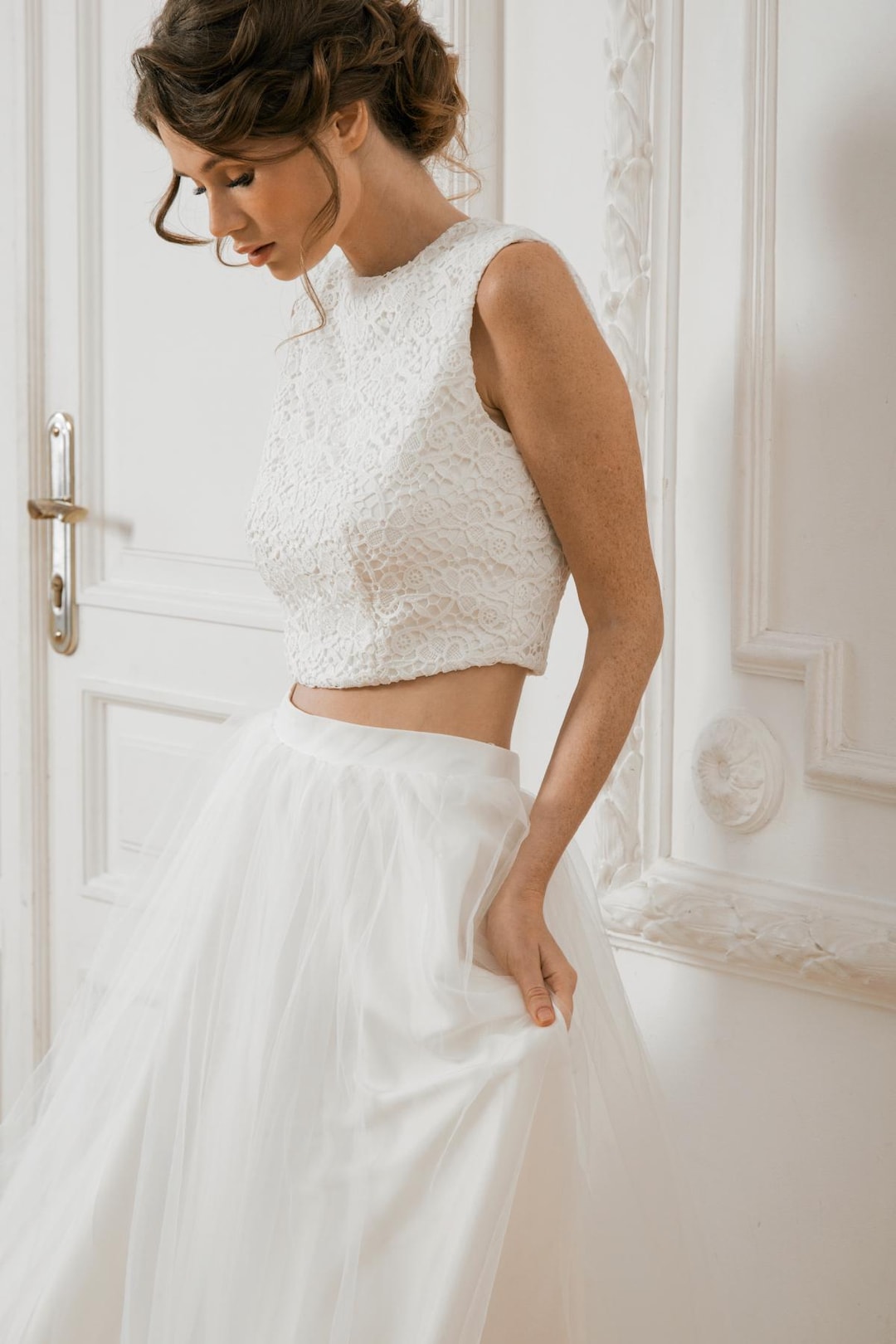 lace crop top wedding dress Crop Top Lace Two Piece Boho Spaghetti Straps Wedding Dresses, MW509