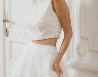 Lace Crop Top Wedding Dress: Tulle Skirt, Modern Bridal Set