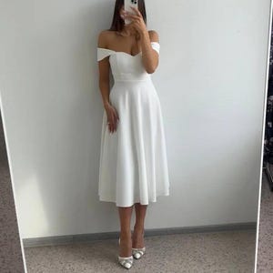Elegant White Midi Dress, Minimalist Wedding Dress, Square Neck A-line Dress, Bridal Shower Outfit, Sleeveless Formal Gown, Summer Dress