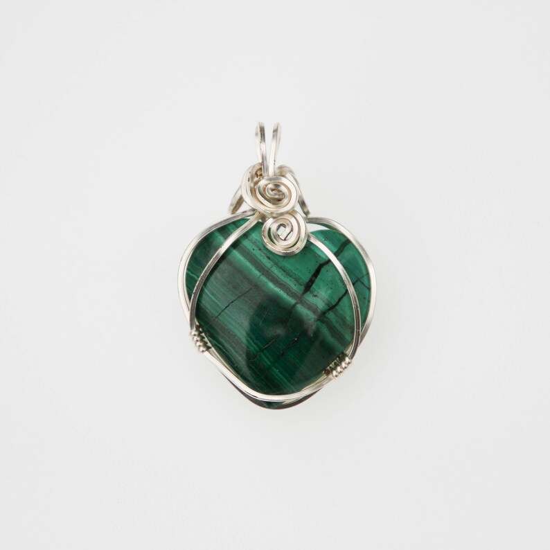 Wire Wrapped Malachite Heart Crystal Pendant Strength