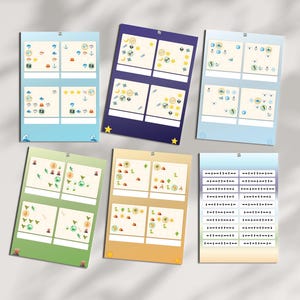 May include: Six rectangular educational activity sheets featuring various themes. Five sheets contain grids with small colorful icons of nature, animals, and symbols. The sixth sheet displays rows of black directional arrows and symbols for sequencing tasks.