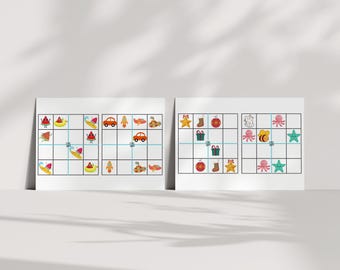 May include: Two printable worksheets with a 3x3 grid. The first worksheet has summer-themed images: watermelon, surfboard, car, and airplane. The second worksheet has winter-themed images: star, stocking, gift box, and octopus.