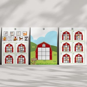 Puede incluir: Tres hojas de trabajo imprimibles para un juego de emparejamiento de animales de granja. La primera hoja muestra nueve animales de granja, la segunda hoja muestra un granero vacío con nueve cuadrados, y la tercera hoja muestra nueve arreglos diferentes de los animales de granja.