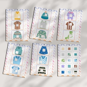 Puede incluir: Seis hojas de actividades educativas con ilustraciones de diversas prendas de vestir, como jerséis, chalecos, camisas, gorros y calcetines, junto a una cuadrícula de patrones de tela a juego. Cada hoja tiene un borde claro con rayas diagonales.