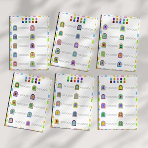 Puede incluir: Seis hojas de trabajo educativas rectangulares con un borde de puntos coloridos. Cada hoja muestra una cuadrícula con los números 1-5 y las letras A-E en la parte superior, seguidas de filas de iconos en forma de arco y círculos vacíos.