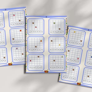May include: Educational activity sheets featuring multiple four-by-four grids with fruit icons and directional arrow sequences. Each grid displays a specific fruit and a basket, with a row of arrows below indicating a path to follow for navigation.