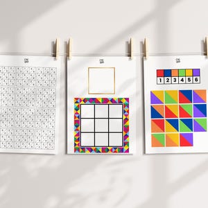Puede incluir: Tres hojas de trabajo imprimibles para un juego de lógica. La primera hoja tiene una cuadrícula de números del 1 al 6. La segunda hoja tiene una cuadrícula en blanco con un borde colorido. La tercera hoja tiene una clave de color con los números del 1 al 6 y una cuadrícula de triángulos de colores.
