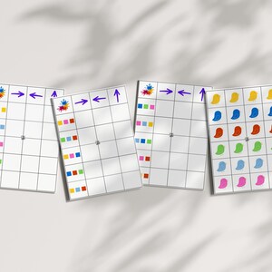 May include: Four white cards with a grid pattern and colorful paint splatter icons. Each card has arrows pointing left and right. The last card has a grid of colorful teardrop shapes.