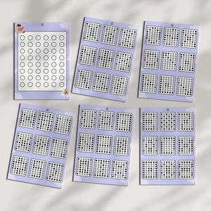 May include: A collection of light purple worksheets with various patterns of filled and unfilled circles and squares. One sheet has a series of empty circles. The other sheets have a grid of filled and unfilled squares. A small illustration of a person and a butterfly are in the corner.