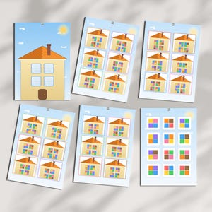 Könnte beinhalten: Sechs rechteckige Blätter mit Hausillustrationen. Ein Blatt zeigt ein großes Haus mit braunem Dach und Tür. Vier Blätter zeigen Raster mit kleineren Häusern mit bunten Fenstern. Ein Blatt enthält ein Raster mit quadratischen Fenstersymbolen.