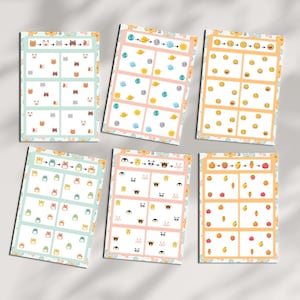 May include: Six rectangular educational activity sheets featuring colorful grids for pattern matching. Each sheet displays a sequence of icons at the top, including animals, planets, emojis, and food items, followed by six boxes containing various icon arrangements.