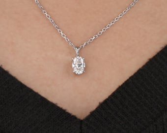 Oval Lab Grown Diamond Solitaire Pendant: 14K Gold Necklace