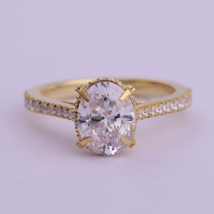 Ovaal geslepen verborgen halo verlovingsring 14K massief gouden diamanten verlovingsring Lab Grown Diamond Ring