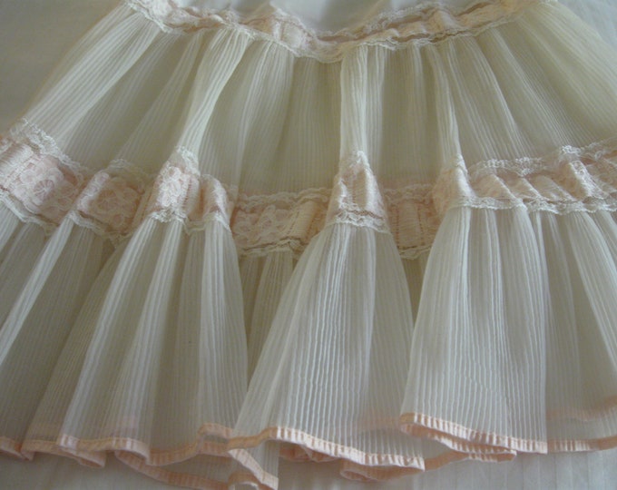 Vintage 50s' White Crinoline Petticoat Pleated Half Slip Pink Ribbon ...