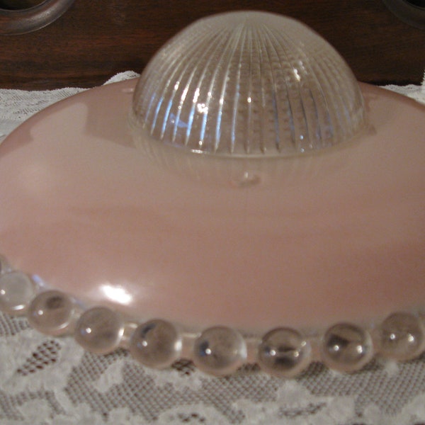 Art Deco Heavy Glass Ceiling Hanging Light Shade  Prismatic Center Dome   Soft Pink  with Clear Beaded Edge   10 1/2" Dia  3 1/2" Deep  VG