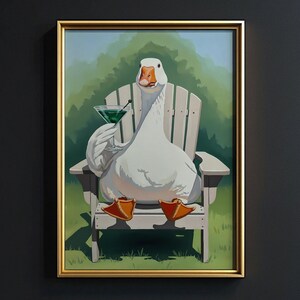 カクテルを添えた面白いガチョウのアートプリント | バーカートアート | 夏の家のための気まぐれな動物の装飾 | 印刷可能なデジタルダウンロード